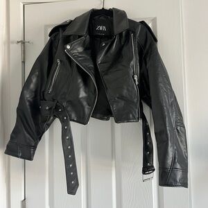 Brand new Zara oversize cropped faux, leather motorcycle jacket
